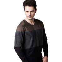 鹿王男士衫撞色不起球不扎人长袖纯天然羊毛衫 3H12333