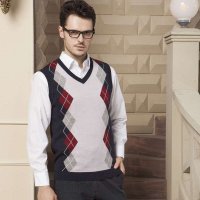 2014新款鹿王男士休闲撞色羊毛背心 V领无袖商务风男装 3R12904