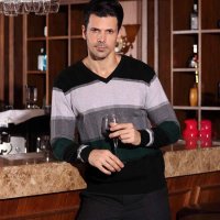 2014新款鹿王V领条纹拼色套头纯羊毛衫 3H12456