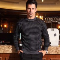 鹿王·澳普蒂姆 2014 春装新款 男士加厚毛圆领格子针织衫毛衣男 W1-1128