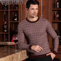 鹿王·澳普蒂姆 新款男士商务休闲圆领格子针织羊毛衫 3P16914