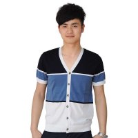 鹿王·澳普蒂姆夏季新款T恤男针织衫 T恤男短袖 男士短袖V领 男士短袖T恤条纹埃及长绒棉短袖t恤男3BS16353