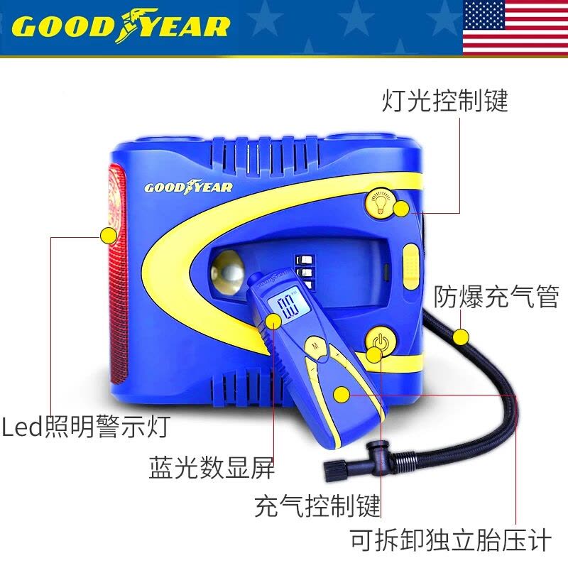 GOODYEAR/固特异 车载充气泵GY2509 照明功能 胎测功能 预设胎压 数控自动充气 可拆卸胎压计表图片