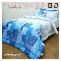 [MODERN.I]蓝色方格切边床上用品四件套薄被160*210枕套30*70床垫套100*200