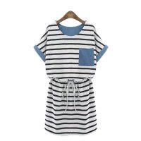[PAPA-L]Denim point stripe OPS/2015春夏新款圆领半袖休闲条纹连衣裙/均码