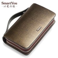 Smartyou韩版商务男士男式牛皮双拉链商务手拿包手包 潮 金砂商务