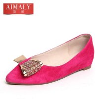 爱丽AIMALY春新款磨砂真皮内增高单鞋甜美蝴蝶结水钻尖头平跟女鞋A140113