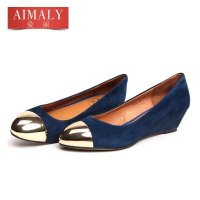 爱丽 2014春款欧美时尚羊猄真皮铁头女单鞋内增坡跟OL浅口女鞋131QD01