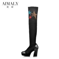 AIMALY爱丽2014秋冬新款休闲欧美时尚粗高跟防水台烫钻长高筒女靴A14-6116