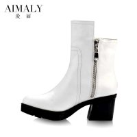 爱丽2014秋冬新款真皮女靴 粗跟厚底马丁靴 英伦风拉链短靴女靴子 A14-6019