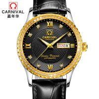 嘉年华CARNIVAL手表新款男士全自动机械表 男表时尚满天星镶水钻防水夜光精钢带腕表双日历星期显示休闲商务复古8629