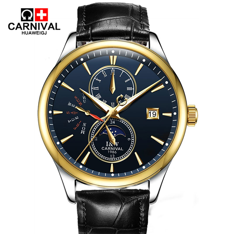 瑞士嘉年华CARNIVAL手表全自动机械表 男新款商务防水手表男士夜光男表星辰日历金色男表时尚休闲金属精钢腕表8732 间金蓝色皮带