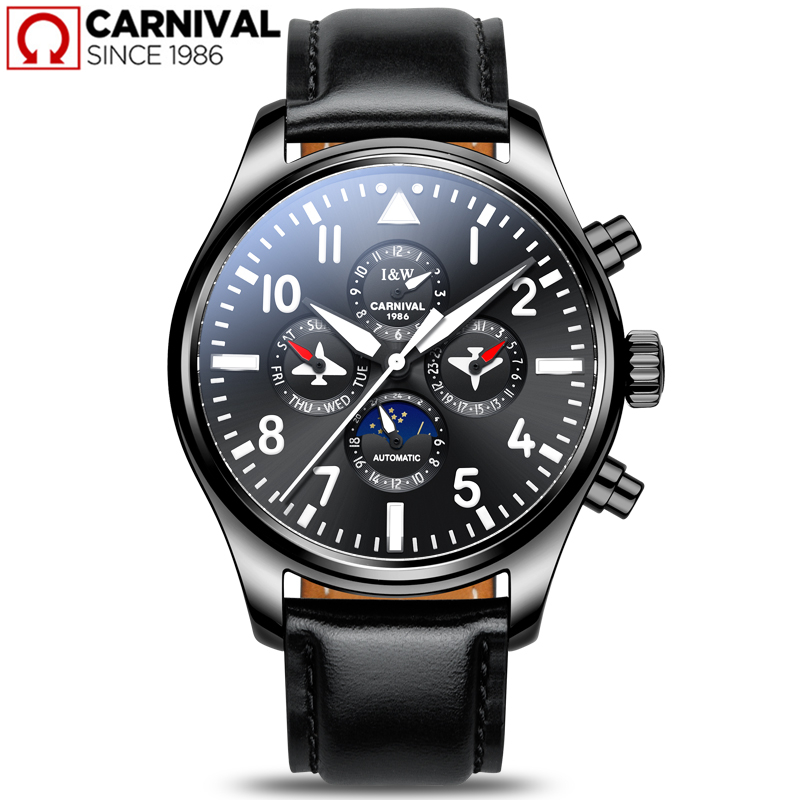 瑞士嘉年华Carnival手表男士机械表全自动机械表 男多功能真皮时尚大表盘休闲防水男表机械飞行员系列腕表8771 全黑黑皮