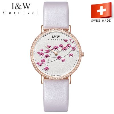 瑞士进口原装嘉年华Carnival手表新款 IW梅花系列石英表 女表纤薄时尚镶钻腕表真皮皮带防水女士手表3002G 玫金紫皮