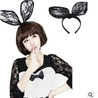 粉红猫 明星款超大黑色蕾丝兔子耳朵装饰品发箍发带发圈发卡欧美性感兔女郎角色扮演