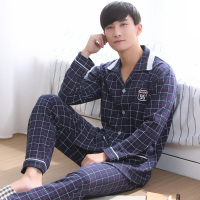 甜妹子 100%纯棉休闲格子男士睡衣开衫翻领睡衣男可外穿