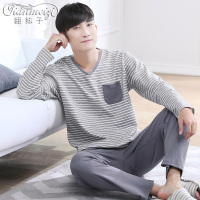 甜妹子男士睡衣100%纯棉休闲条纹睡衣男可外穿家居服睡衣套