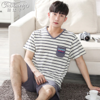甜妹子 睡衣男夏季休闲纯棉圆领运动时尚条纹短袖家居服