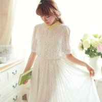 韩琦丝春夏复古波点长裙收腰雪纺百褶连衣裙短袖裙长裙娃娃领女装包邮