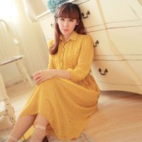 韩琦丝春夏印花小雏菊收腰雪纺七分袖文艺连衣裙长裙女包邮