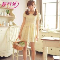 韩琦丝2015新款甜美小清新连衣裙泡泡袖立体钩花镂空连衣裙夏装包邮