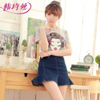 韩琦丝2015新款女式t恤宽松纯棉圆领短袖亮片绣花戏子可爱女装包邮