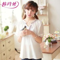 韩琦丝2015夏装新款民族风绣花上衣女 v领纯棉衬衫女包邮