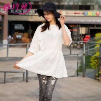 韩琦丝2015新款森女风定位镂空刺绣太阳花蝙蝠衫纯棉连衣裙包邮