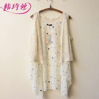 韩琦丝新款夏款森女系小清新刺绣船锚雪纺纱拼浮雕蕾丝背心假两件开衫女装