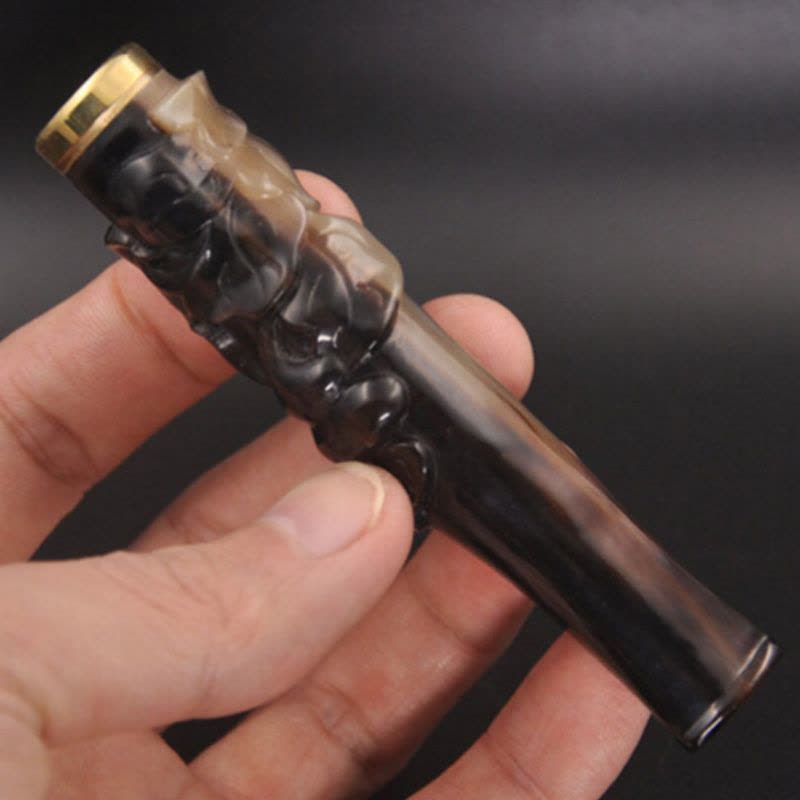 大将军牦牛角烟嘴 送细烟转换头 拉杆双重过滤嘴 雕刻大号烟嘴图片