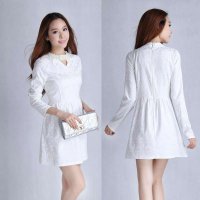 清伊格调 2014春装新款小香风气质名媛修身钉珠立领长袖连衣裙 QY0327