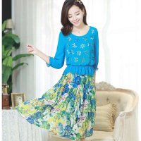 清伊格调 2014夏季新款韩版圆领松紧腰七分袖碎花雪纺中长连衣裙 QY0428
