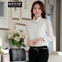 清伊格调 2015春装新款韩版女士立领长袖白色蕾丝雪纺衬衫（不含配饰） QY0364