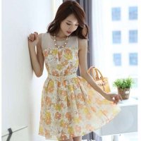 清伊格调 2014夏装新款韩版拼色雪纺蕾丝背心连衣裙(配腰带)QY0736