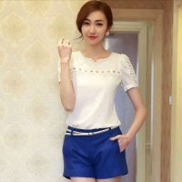 清伊格调 2014夏季新款时尚百搭显瘦开袋拉链蓝色中腰短裤(送腰带) QY0605