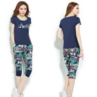 清伊格调 2014夏季新款韩版大码短袖七分裤花色卫衣休闲套装 QY0749