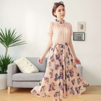 清伊格调 2014夏新款韩版气质修身显瘦短袖印花大摆雪纺连衣裙 QY0754