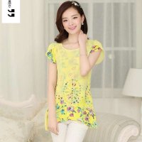 清伊格调 2014夏季新款女式圆领短袖蕾丝印花珍珠雪纺衫 QY0757