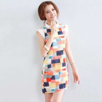 清伊格调 2014夏装新款韩版翻领修身显瘦彩格气质雪纺连衣裙 QY0777