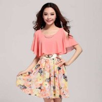 清伊格调 2014夏装新款露肩公主袖甜美气质碎花雪纺连衣裙(配腰带) QY0787