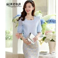 清伊格调 2014夏装新款中袖女式雪纺上衣+清新小碎花棉质短裙子两件套装 QY0832