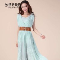 清伊格调 2014夏季新款女装立体花朵波西米亚沙滩长款连衣裙（送皮带）QY0844