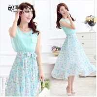 清伊格调 2015年夏装新款韩版波西米亚碎花印花雪纺修身中长款无袖百褶连衣裙 QY0845