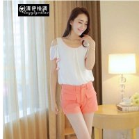 清伊格调 2014夏季新款女装露肩雪纺休闲套装韩版修身短袖短裤套装 QY0802