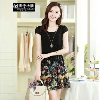 清伊格调 2015夏装新款韩版圆领短袖优雅撞色拼接雪纺印花连衣裙(不含项链) QY0873