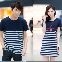 清伊格调 2014夏装新款韩版条纹短袖T恤大码连衣裙时尚百搭情侣装 QY0901