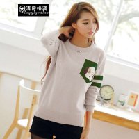 清伊格调 2015秋冬款时尚韩版学院风卡通小狗图案套头毛衣 QY0009