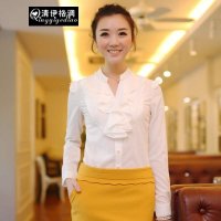 清伊格调 2015秋款韩版修身女士荷叶边泡泡袖长袖职业装雪纺衬衫 QY0879