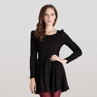 清伊格调 2014秋装新款修身显瘦长袖打底连衣裙(黑色亮片) QY0985