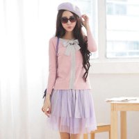 清伊格调 2015年秋装新款蝴蝶结撞色针织毛衣+网纱蓬蓬裙两件套 QY0991